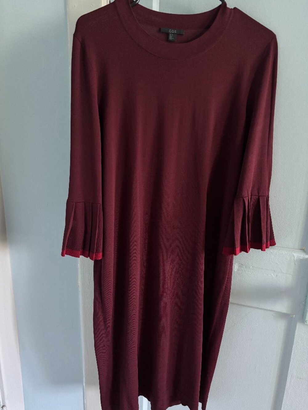 COS Wine Burgundy Dress Ruffle Bell Sleeve Ribbed Hem M